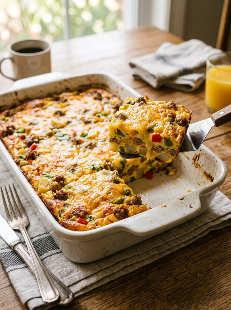 High-Protein Breakfast Ideas for Meal Prep 6 High-Protein Breakfast Ideas for Meal Prep Baked breakfast casserole in a white dish with a slice lifted out