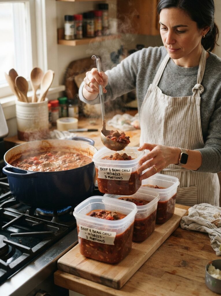 15 Cooking Tips for Busy Families to Save Time, Eat Healthier, and Stress Less 8 15 Cooking Tips for Busy Families to Save Time, Eat Healthier, and Stress Less Soup being ladled into labeled freezer containers