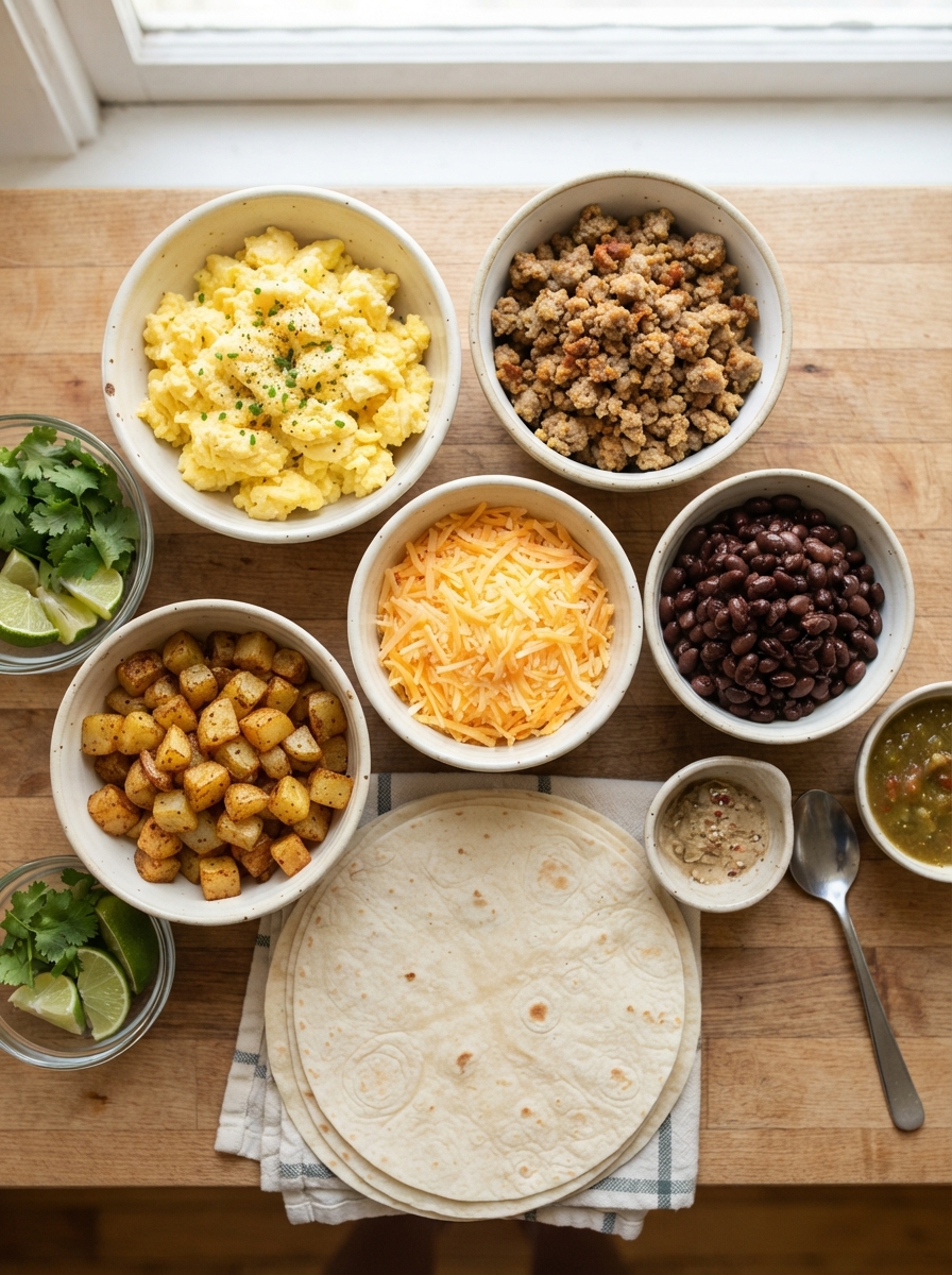 Make-Ahead Freezer Breakfast Burritos 4 Make-Ahead Freezer Breakfast Burritos Small bowls of scrambled eggs, sausage, cheese, potatoes, and black beans ready to assemble