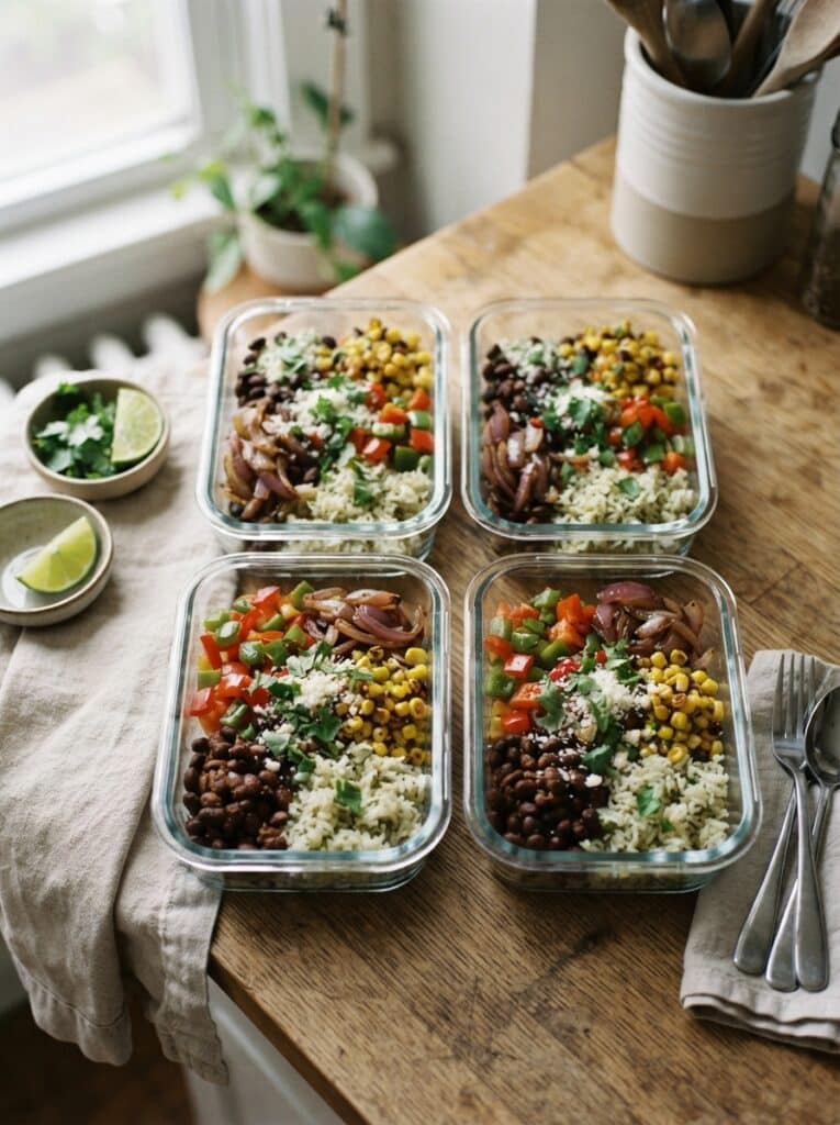 Burrito bowl meal prep containers with black beans, rice, and corn