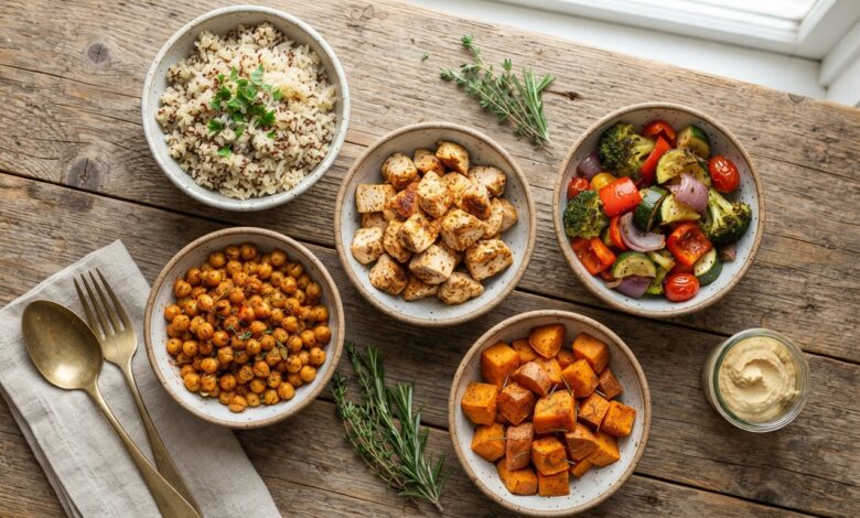 Separate bowls of chicken, chickpeas, rice, and roasted vegetables unassembled