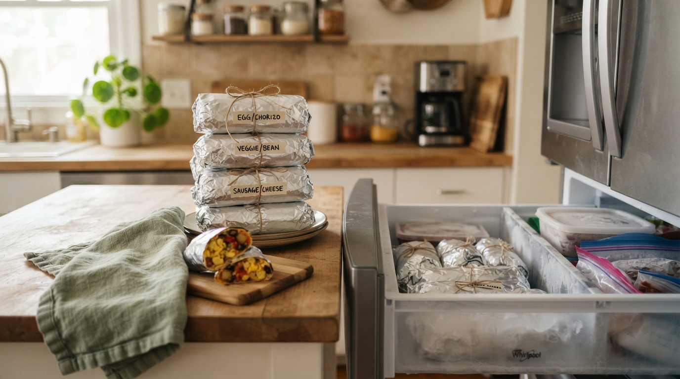 Make-Ahead Freezer Breakfast Burritos 2 Make-Ahead Freezer Breakfast Burritos Stack of foil-wrapped burritos next to an open freezer drawer