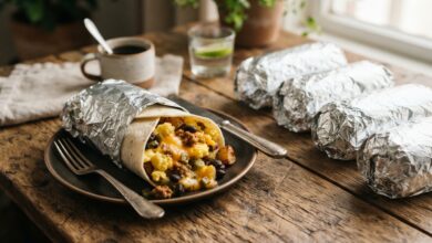 Row of foil-wrapped breakfast burritos with one unwrapped showing eggs, cheese, and sausage