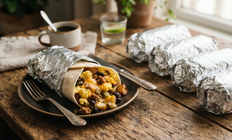 Row of foil-wrapped breakfast burritos with one unwrapped showing eggs, cheese, and sausage