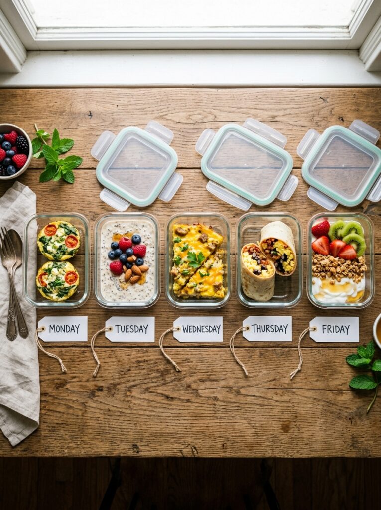 High-Protein Breakfast Ideas for Meal Prep 19 High-Protein Breakfast Ideas for Meal Prep Five containers of a sample 5-day breakfast meal prep plan