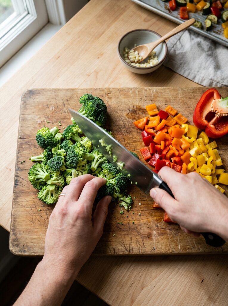 Broccoli and bell peppers being chopped on a cutting board