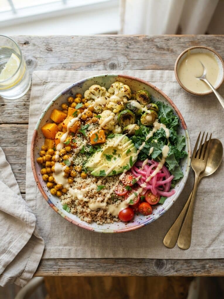 Buddha bowl meal prep with tahini dressing and roasted vegetables