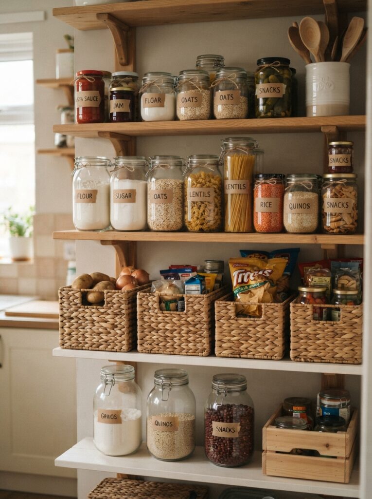 Budget-friendly pantry organization using repurposed jars and inexpensive baskets