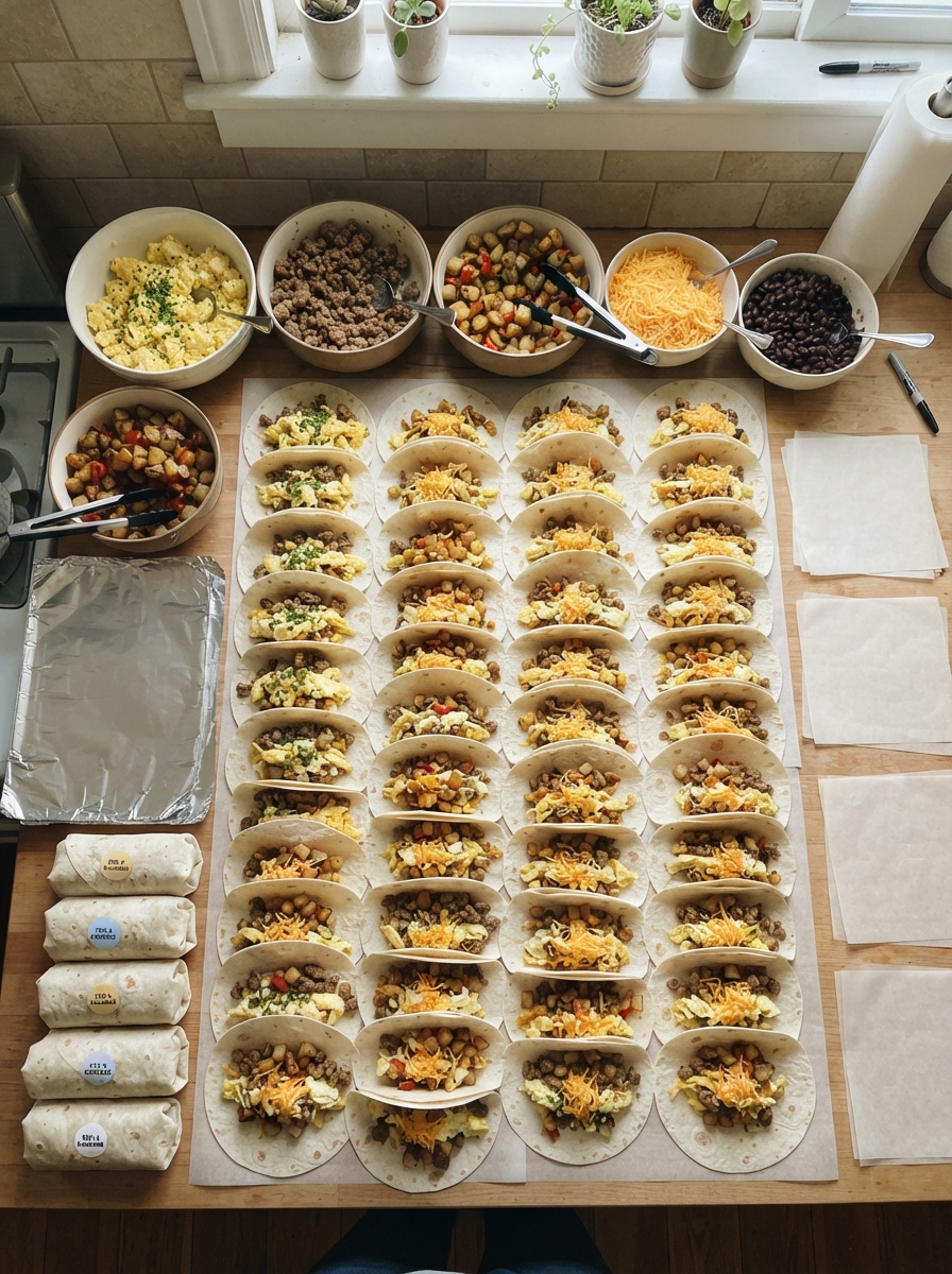 Make-Ahead Freezer Breakfast Burritos 10 Make-Ahead Freezer Breakfast Burritos Large batch of assembled burritos lined up on a counter before wrapping
