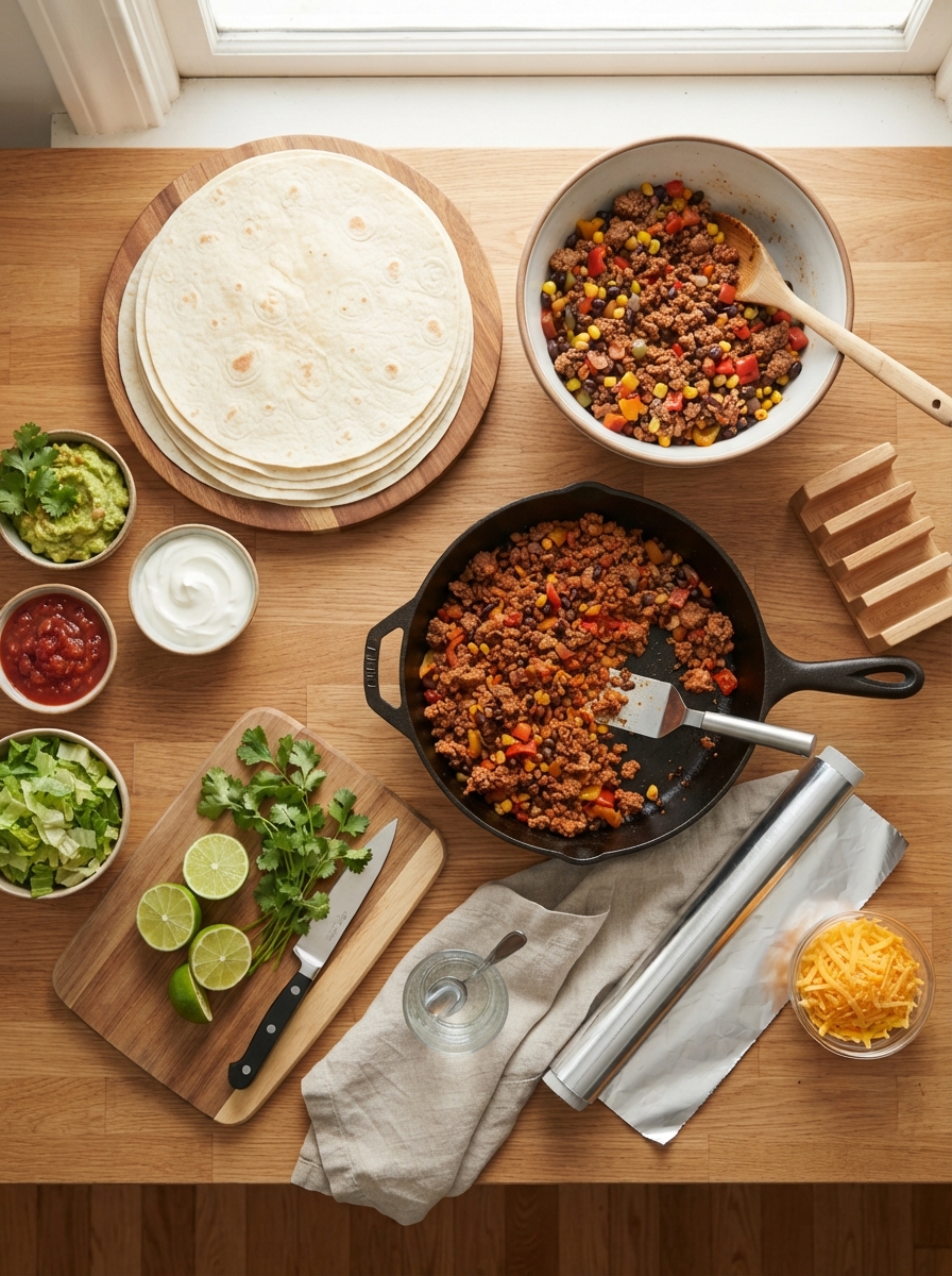 Make-Ahead Freezer Breakfast Burritos 3 Make-Ahead Freezer Breakfast Burritos Overhead flat lay of burrito-making supplies including tortillas, foil, and a skillet