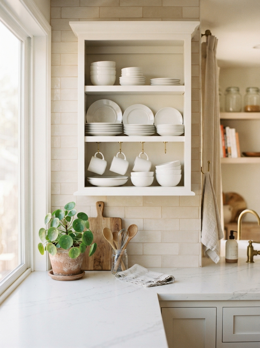 Small Kitchen Decor on a Rental Budget 4 Small Kitchen Decor on a Rental Budget Open cabinet styled with matching white dishware and a small plant