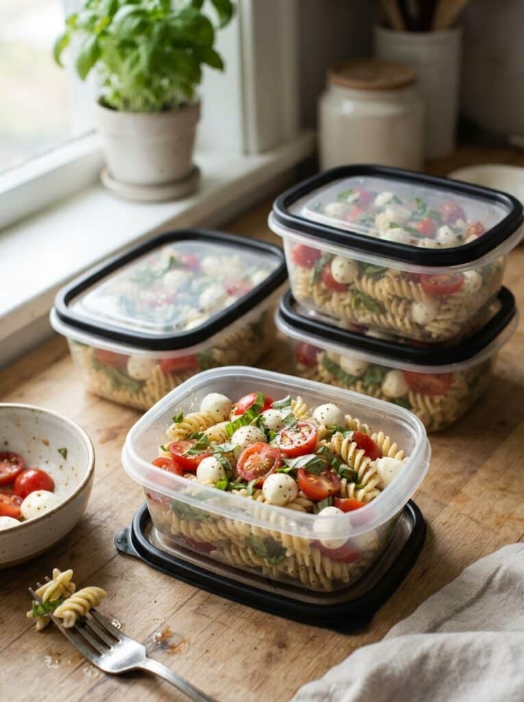 Caprese pasta salad meal prep containers with tomatoes and mozzarella
