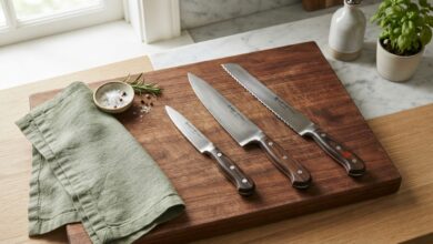 Chef's knife, paring knife, and serrated bread knife arranged on a wood cutting board with a sage green linen napkin