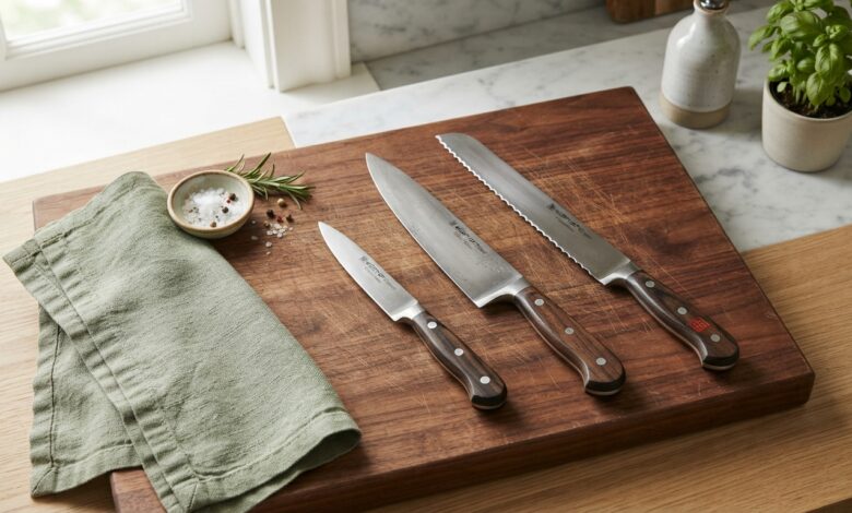 Chef's knife, paring knife, and serrated bread knife arranged on a wood cutting board with a sage green linen napkin