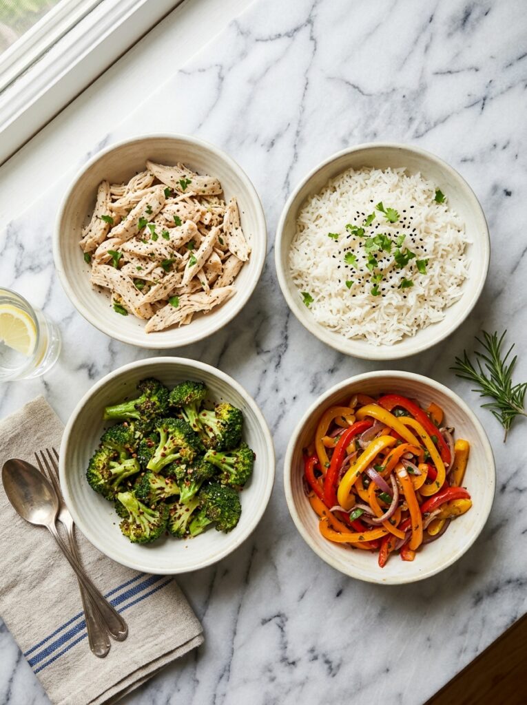 Flat lay of separate bowls of cooked chicken, rice, and roasted vegetables unassembled