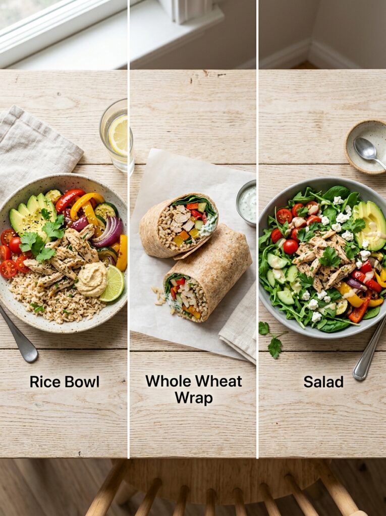 Chicken, rice, and vegetables styled three different ways as a bowl, wrap, and salad