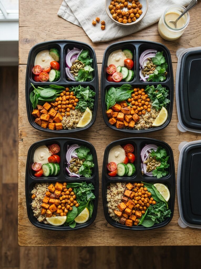 Meal prep bowl with roasted sweet potato, chickpeas, and greens