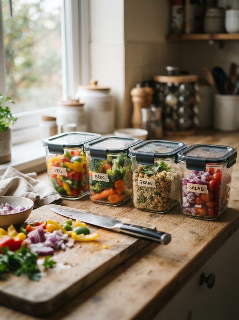 15 Cooking Tips for Busy Families to Save Time, Eat Healthier, and Stress Less 7 15 Cooking Tips for Busy Families to Save Time, Eat Healthier, and Stress Less Chopped vegetables in glass meal-prep containers