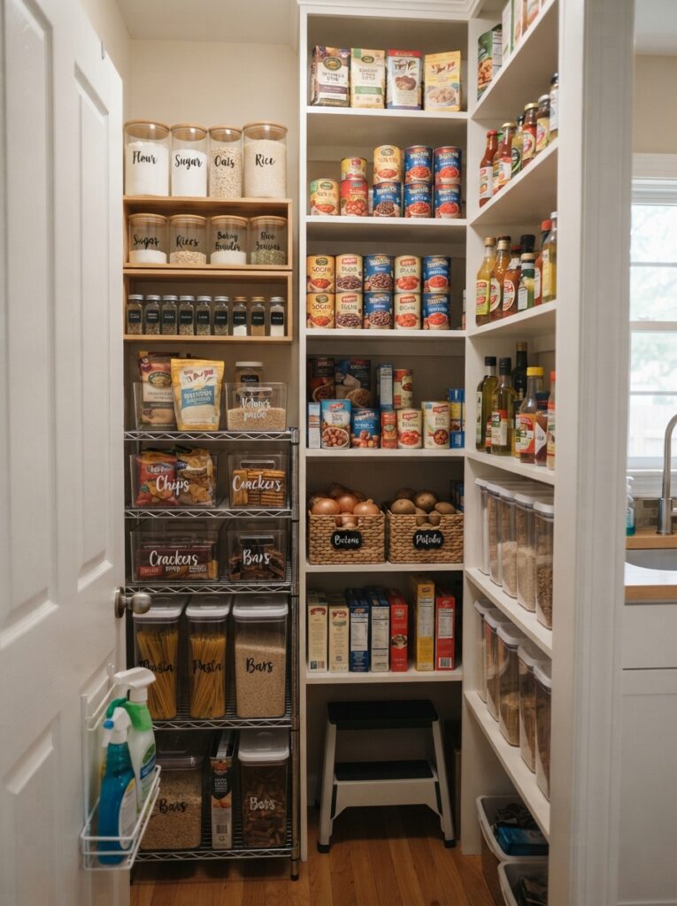 Small closet-style pantry organized efficiently with vertical storage