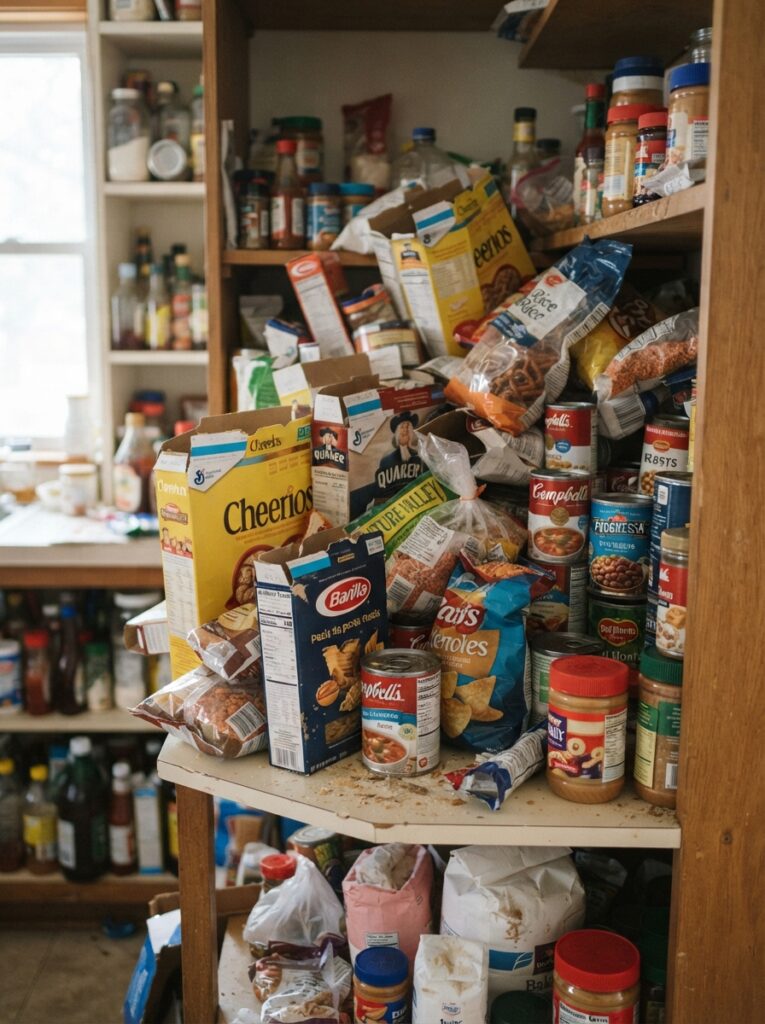 Overflowing, disorganized pantry shelf with mismatched boxes and bags