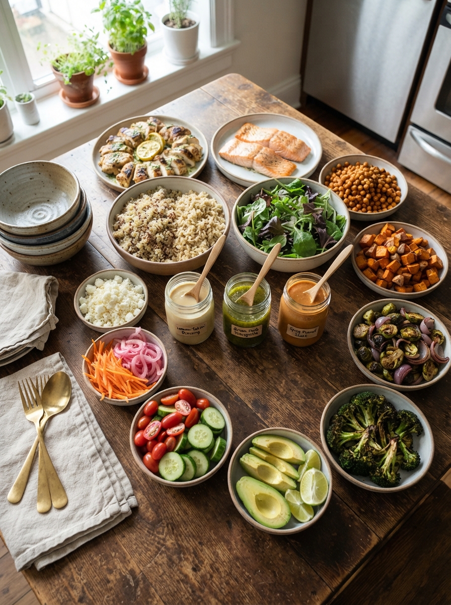 How to Meal Prep Without Getting Bored of Eating the Same Thing 6 How to Meal Prep Without Getting Bored of Eating the Same Thing Full spread of meal prep components arranged like a build-your-own-bowl station