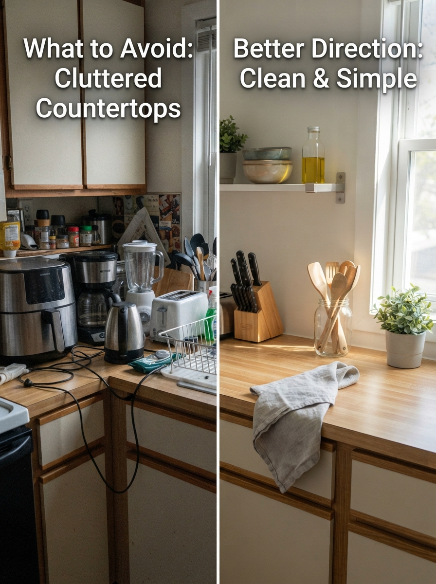 Small Kitchen Decor on a Rental Budget 5 Small Kitchen Decor on a Rental Budget Comparison of a cluttered countertop with appliances versus a clean styled counter