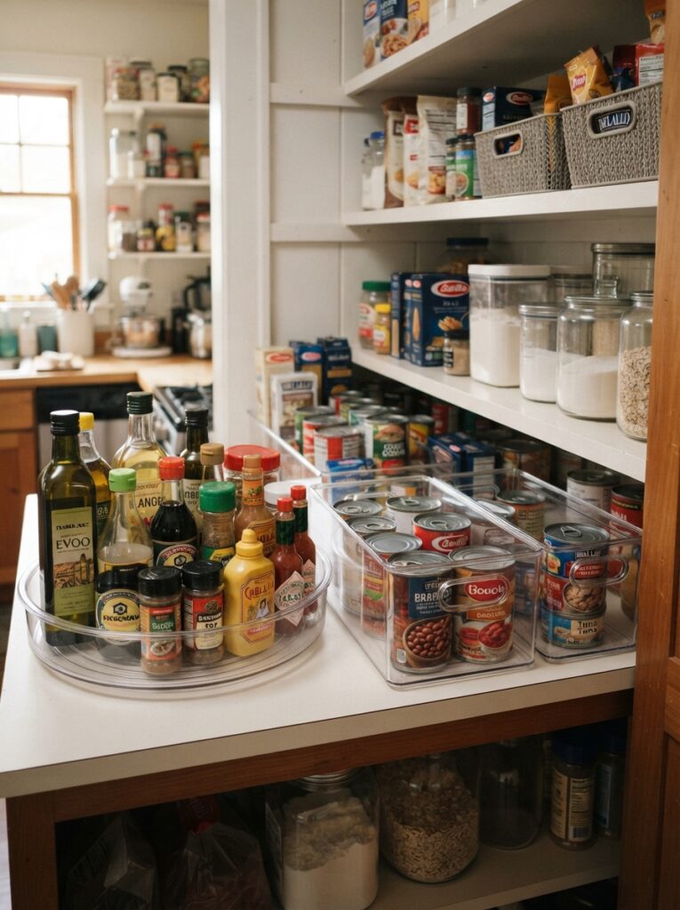 Turntable and pull-out bins used to organize a deep pantry shelf