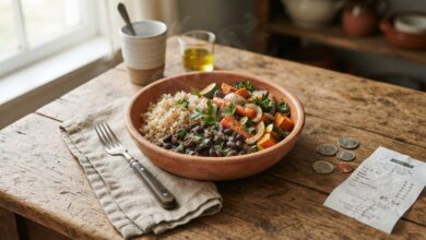 Simple hearty dinner of rice, beans, and roasted vegetables in a terracotta bowl on a rustic wood table