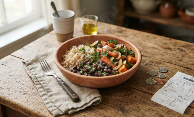 Simple hearty dinner of rice, beans, and roasted vegetables in a terracotta bowl on a rustic wood table