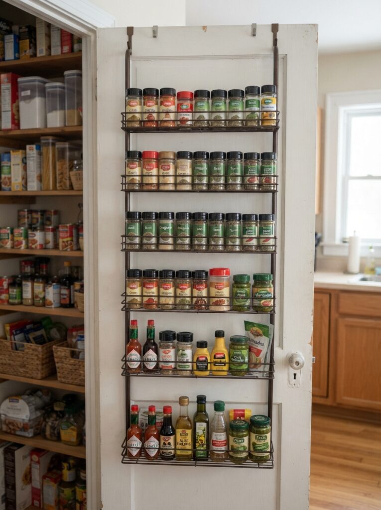 Over-the-door pantry organizer holding spices and small jars