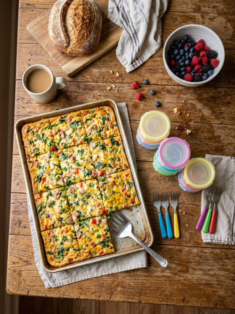 High-Protein Breakfast Ideas for Meal Prep 15 High-Protein Breakfast Ideas for Meal Prep Egg bake portioned for a family with kid-sized containers