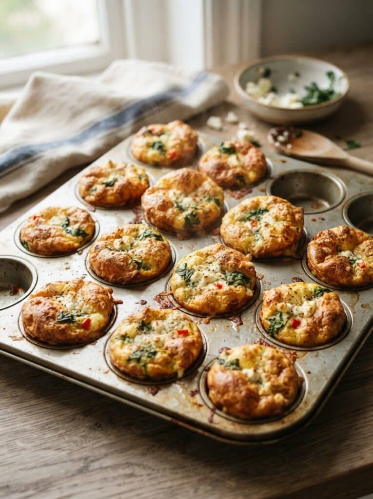 Egg muffins with spinach and feta in a muffin tin