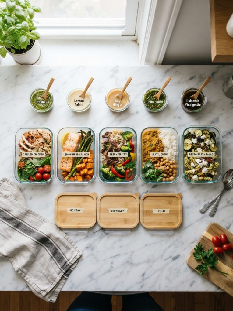 Five colorful glass containers lined up on a marble counter