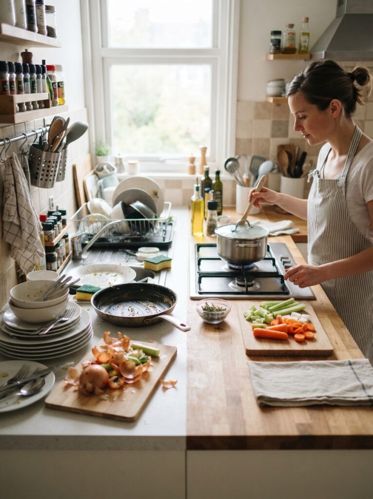 15 Cooking Tips for Busy Families to Save Time, Eat Healthier, and Stress Less 12 15 Cooking Tips for Busy Families to Save Time, Eat Healthier, and Stress Less Comparing a chaotic countertop to an organized cooking station