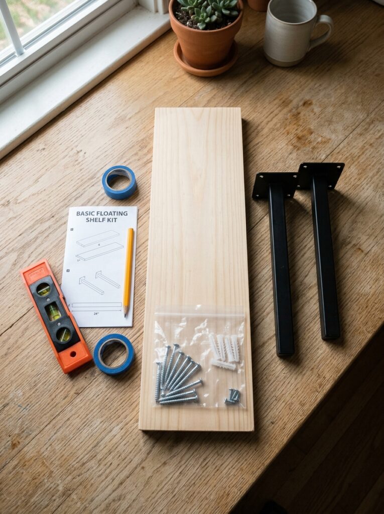 Open Shelving Kitchen Ideas: A Complete Styling and Installation Guide 19 Open Shelving Kitchen Ideas: A Complete Styling and Installation Guide Flat lay of a basic floating shelf installation kit
