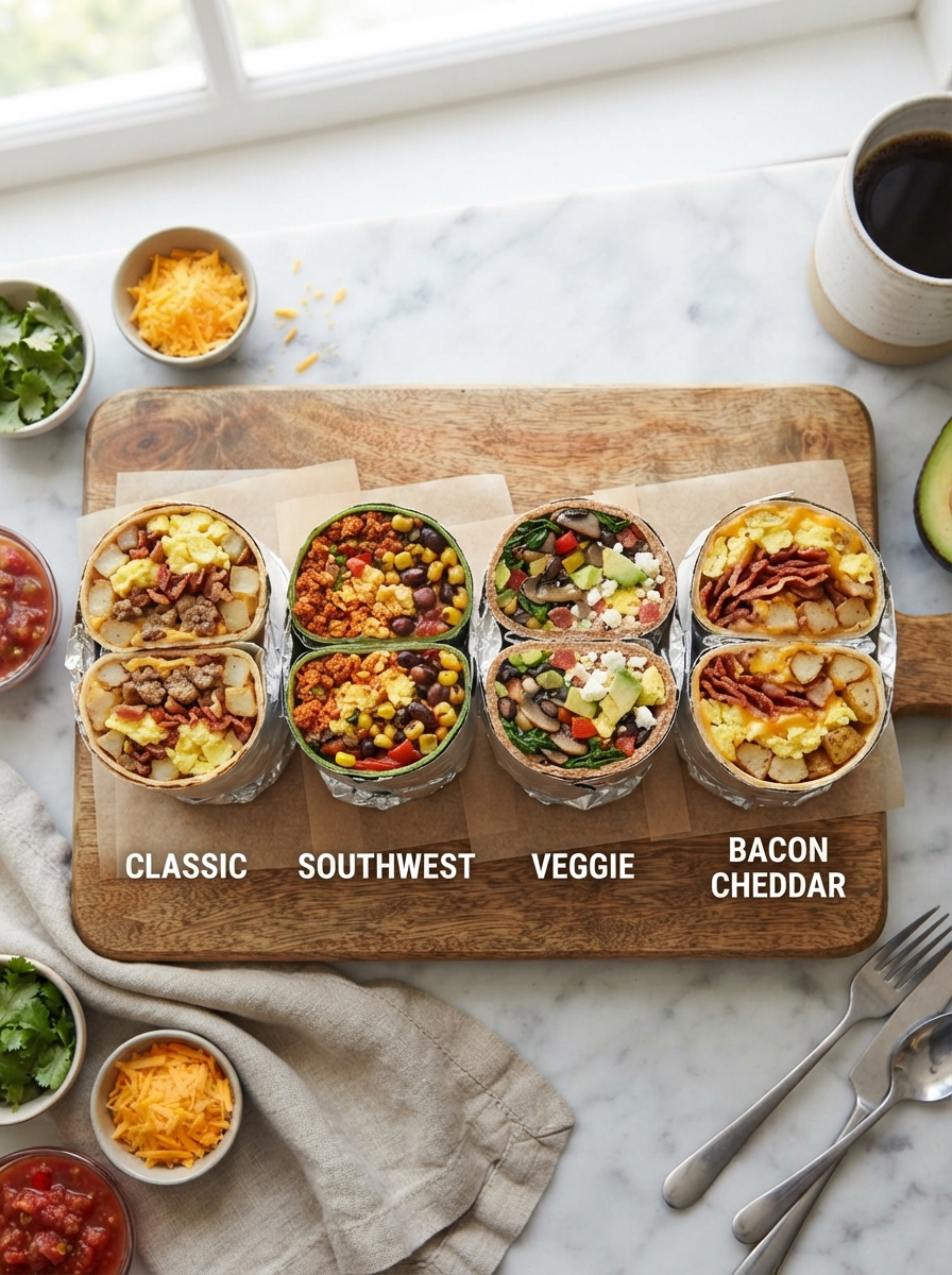 Make-Ahead Freezer Breakfast Burritos 8 Make-Ahead Freezer Breakfast Burritos Four different unwrapped burritos side by side showing different fillings