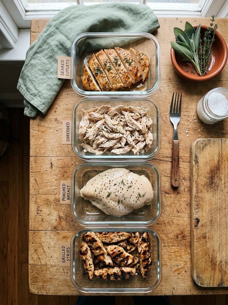 How to Cook Chicken Breast So It's Never Dry Again: Every Method Compared 14 How to Cook Chicken Breast So It's Never Dry Again: Every Method Compared Four glass containers holding different chicken breast preparations, seared, shredded, poached, and grilled