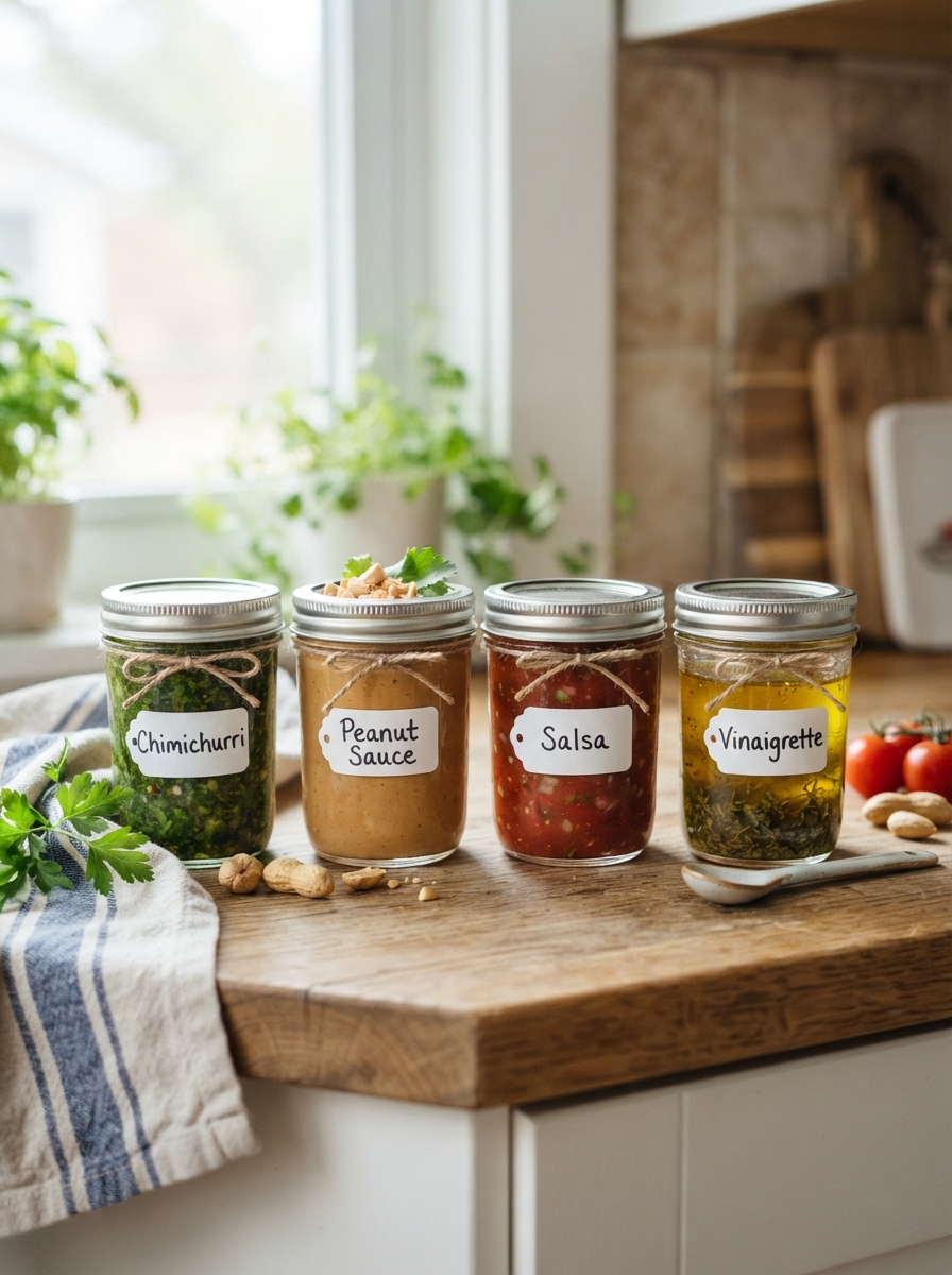 How to Meal Prep Without Getting Bored of Eating the Same Thing 4 How to Meal Prep Without Getting Bored of Eating the Same Thing Four small jars of different sauces lined up on a counter