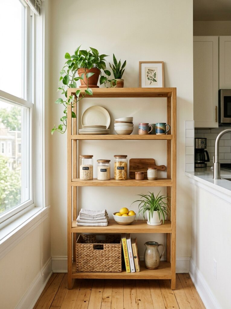 Open Shelving Kitchen Ideas: A Complete Styling and Installation Guide 11 Open Shelving Kitchen Ideas: A Complete Styling and Installation Guide Freestanding wood shelving unit styled with dishware and plants
