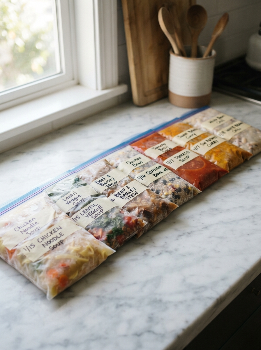 Freezer Meal Prep: 15 Recipes to Stock Your Freezer 4 Freezer Meal Prep: 15 Recipes to Stock Your Freezer Freezer bags of soup and grain bowls laid flat and labeled