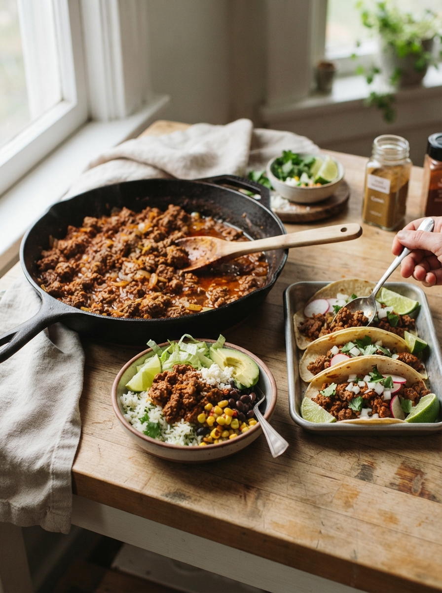Budget Dinner Recipes Under $10 8 Budget Dinner Recipes Under $10 Skillet of taco-seasoned ground meat next to tacos and a rice bowl