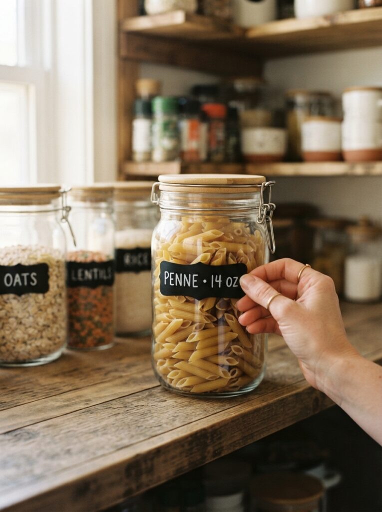 Hand applying a label to a glass pantry container