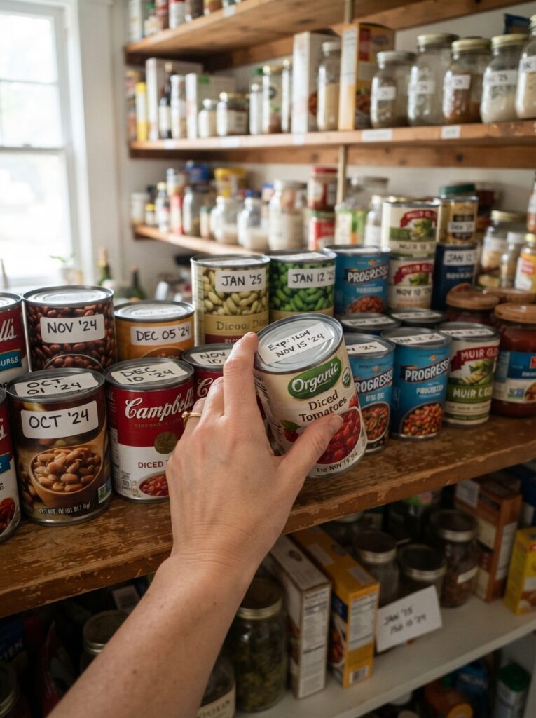 Hand checking expiration dates on canned goods arranged oldest to newest