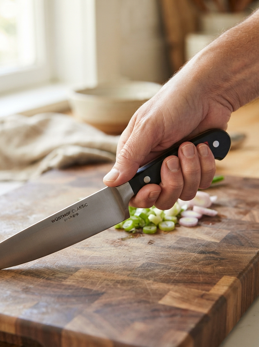 Knife Skills Every Home Cook Should Know 4 Knife Skills Every Home Cook Should Know Close-up of a hand demonstrating the pinch grip on a chef's knife