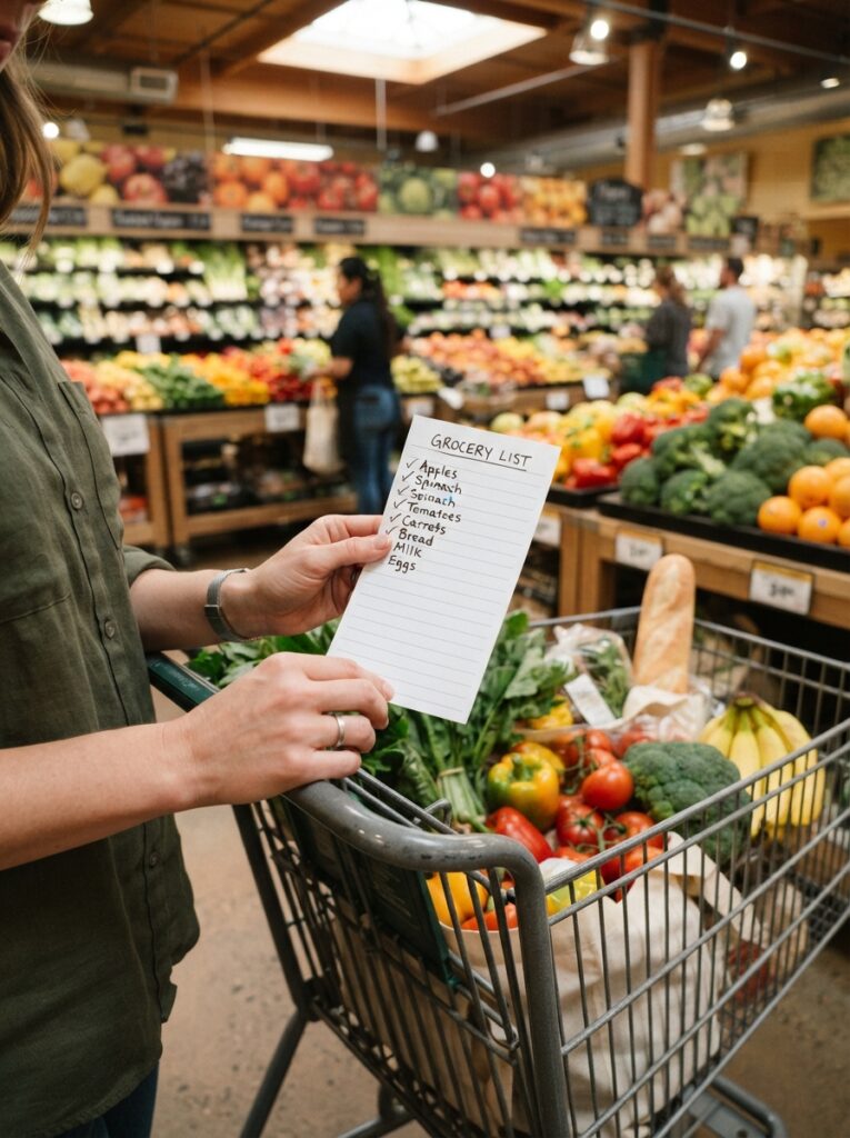 15 Cooking Tips for Busy Families to Save Time, Eat Healthier, and Stress Less 4 15 Cooking Tips for Busy Families to Save Time, Eat Healthier, and Stress Less Hand holding a grocery list in a produce aisle