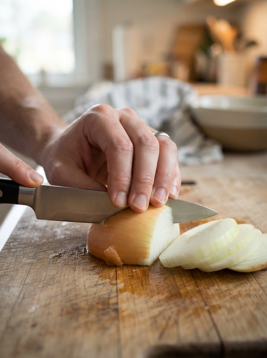 Knife Skills Every Home Cook Should Know 5 Knife Skills Every Home Cook Should Know Close-up of a hand in claw grip position over a sliced onion