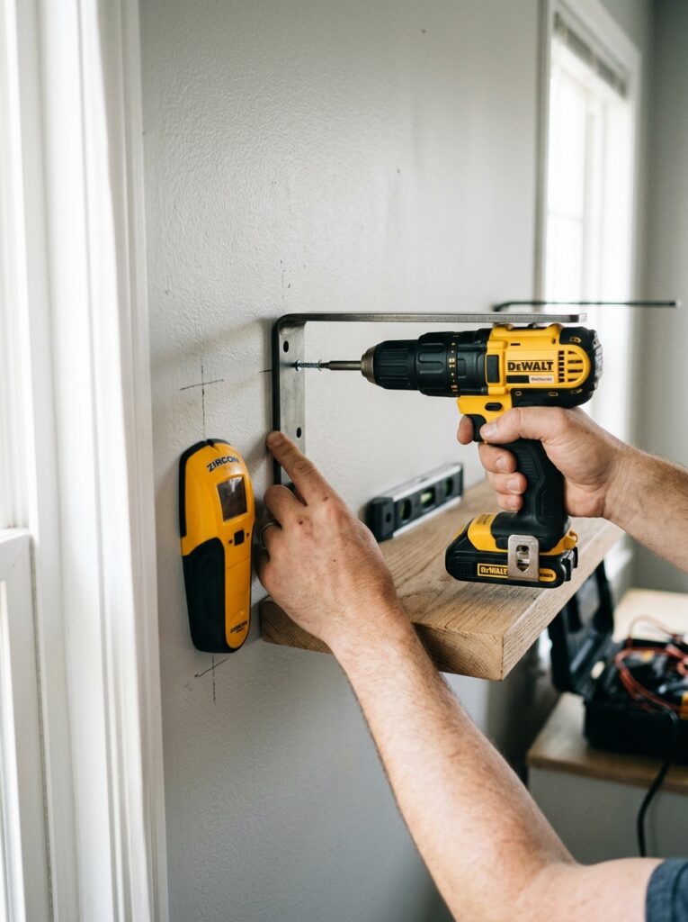 Open Shelving Kitchen Ideas: A Complete Styling and Installation Guide 6 Open Shelving Kitchen Ideas: A Complete Styling and Installation Guide Hands drilling a floating shelf bracket into a wall