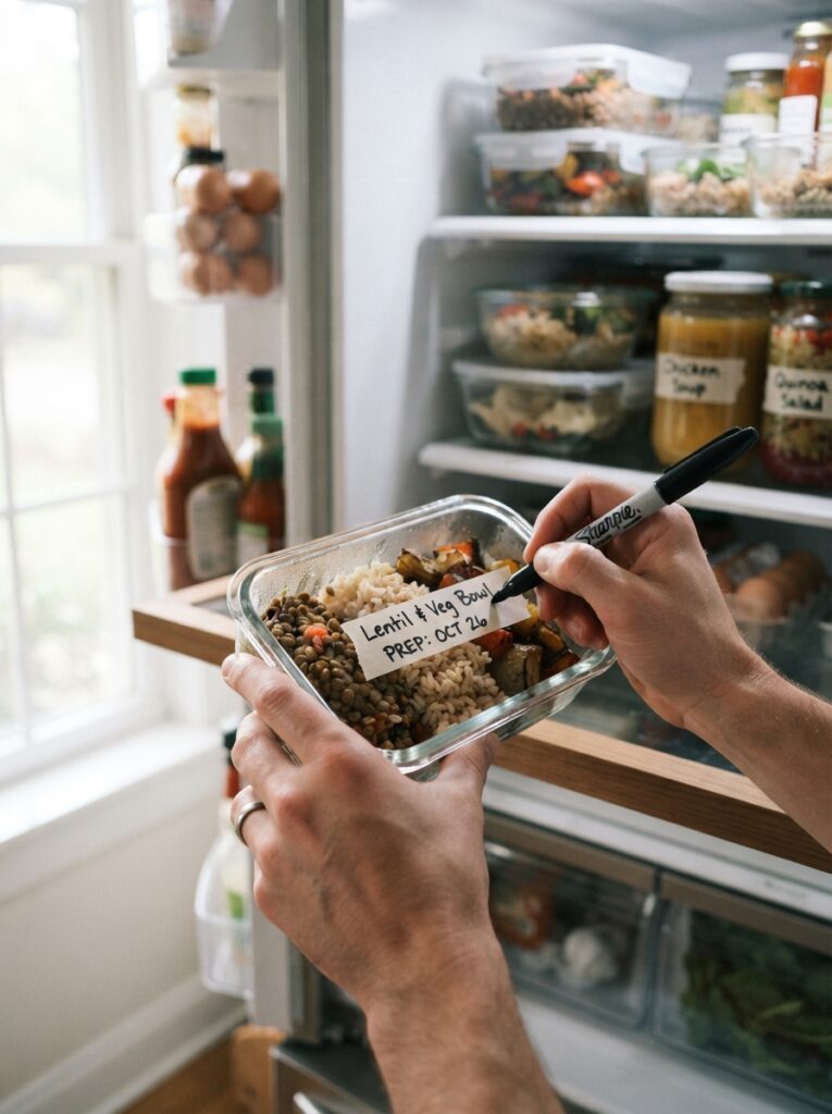 Hands labeling a glass meal-prep container with a marker