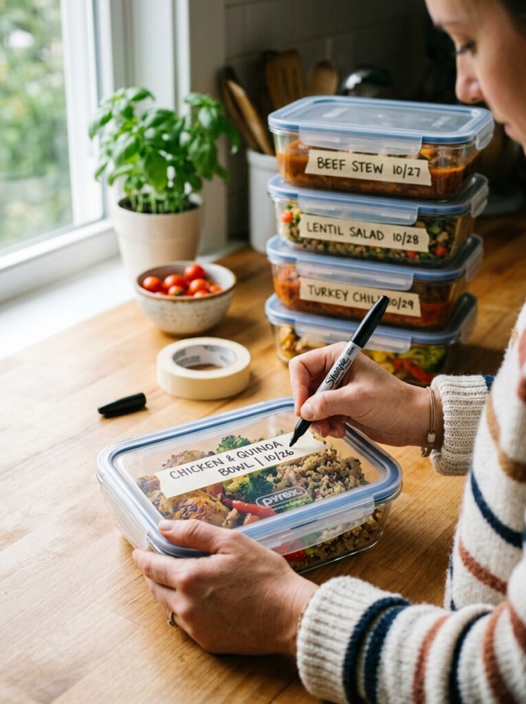 High-Protein Breakfast Ideas for Meal Prep 16 High-Protein Breakfast Ideas for Meal Prep Hands labeling a glass meal-prep container with a marker