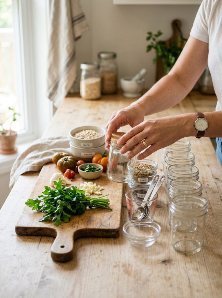 Hands laying out empty glass containers and ingredients for meal prep